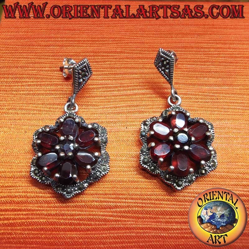 Orecchini Argento 925 Granati Ovali e Tondi Marcassite