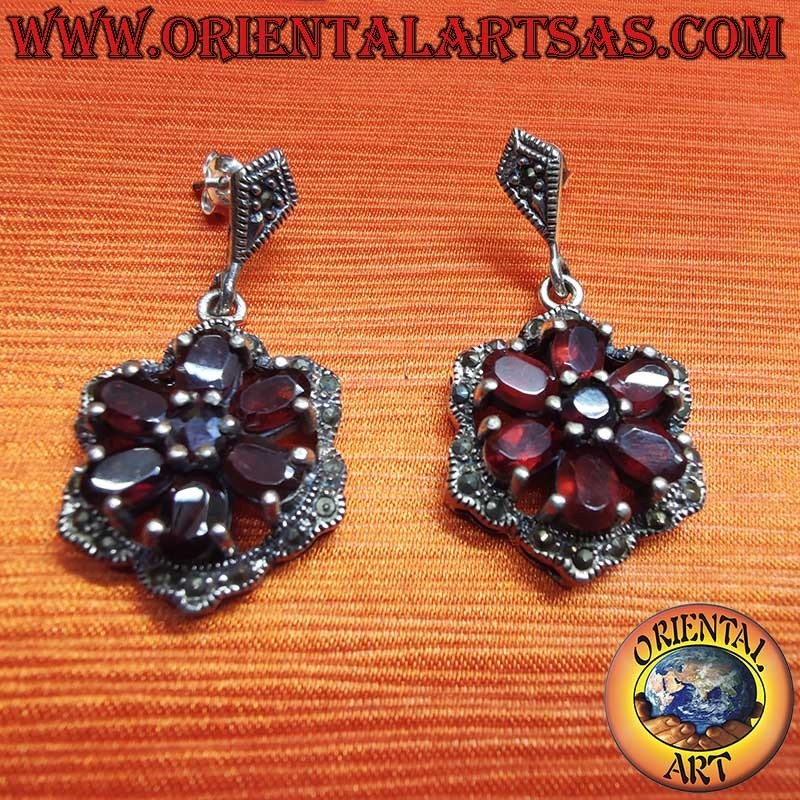 Pendientes Plata 925 Granates Ovalados Redondos Marcasita