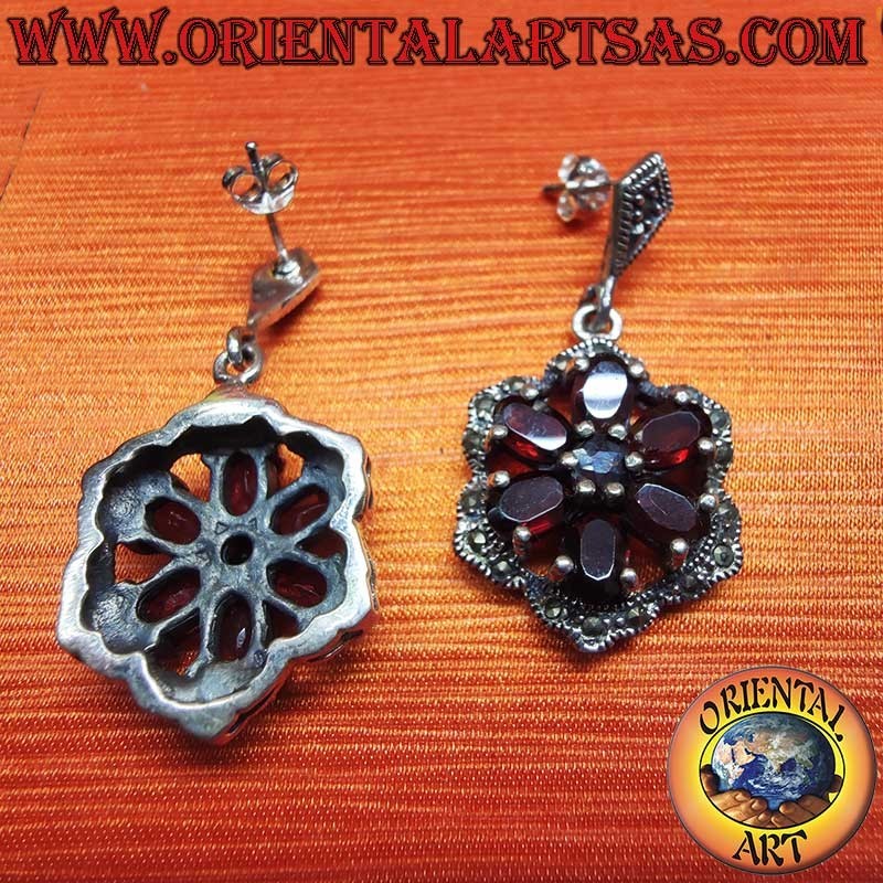 Orecchini Argento 925 Granati Ovali e Tondi Marcassite