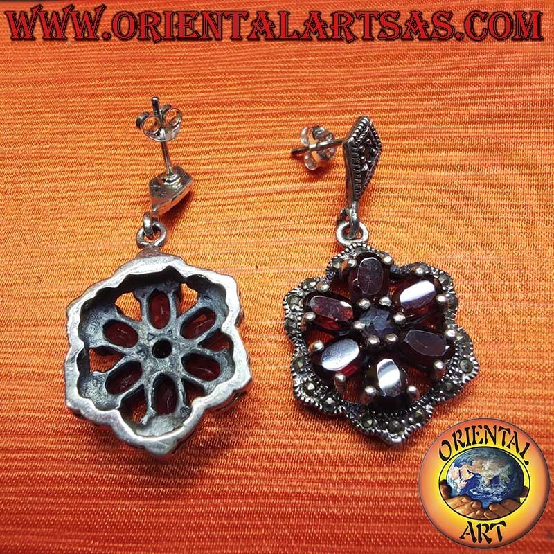 Boucles Oreilles Argent 925 Grenats Ovaux Ronds Marcassite