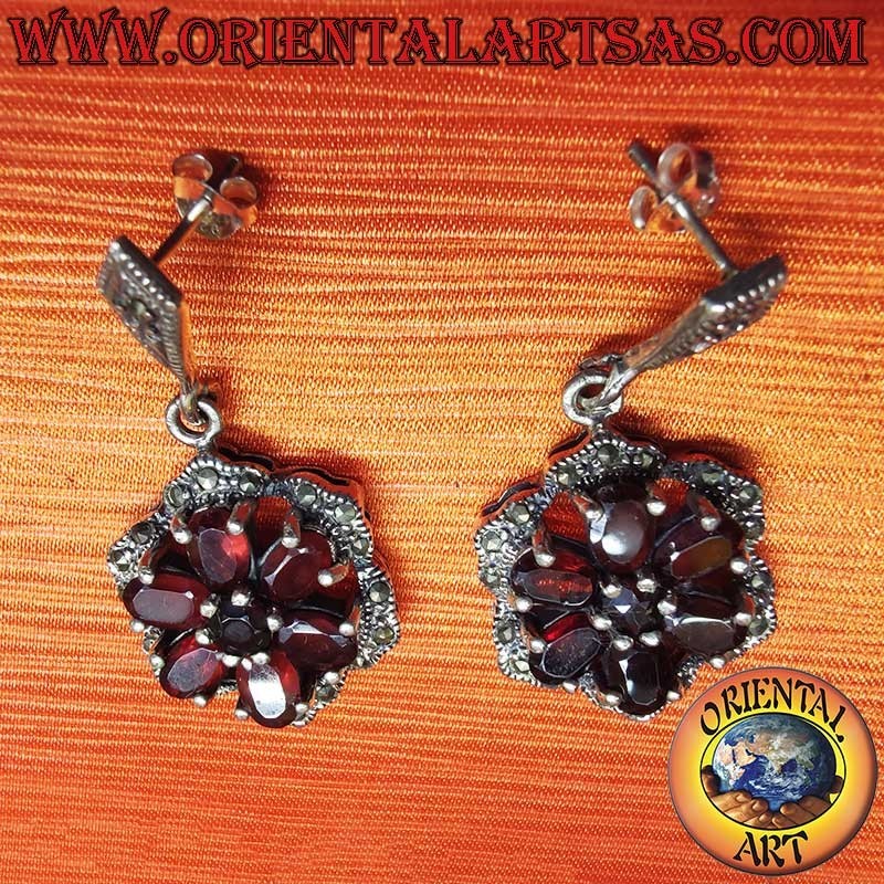 925 Silver Garnet Earrings Oval Round Marcasite Dangle
