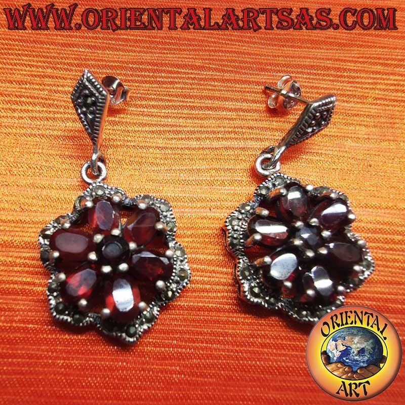 Pendientes Plata 925 Granates Ovalados Redondos Marcasita