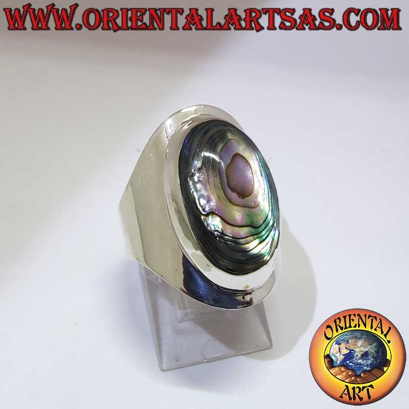 Bague anneau large et lisse en argent 925 poli avec nacre d'abalone paua ovale centrale