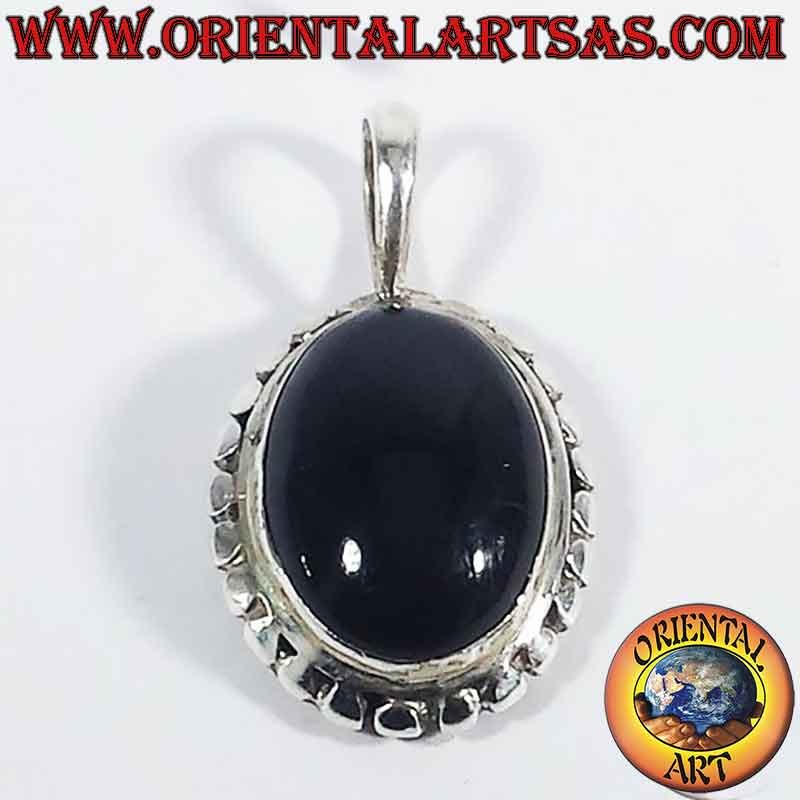 Colgante plata 925 – Ónice ovalada – Esferas modeladas borde – Hecho a mano en Bali – Altura 23 mm