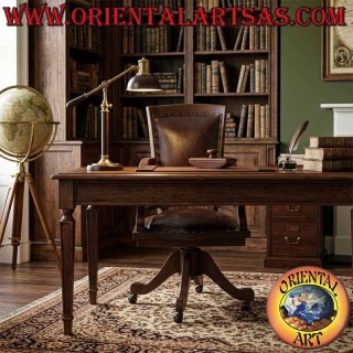 Office armchair in teak wood with upholstered seat and back upholstered in leather and wheels
