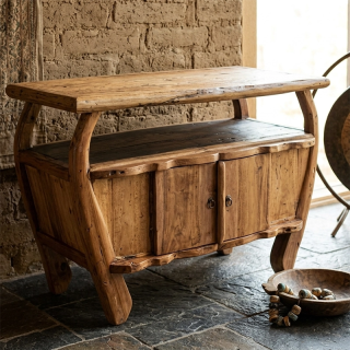 Meuble de salon meuble TV courbé avec deux portes en bois de teck antique (naturel)