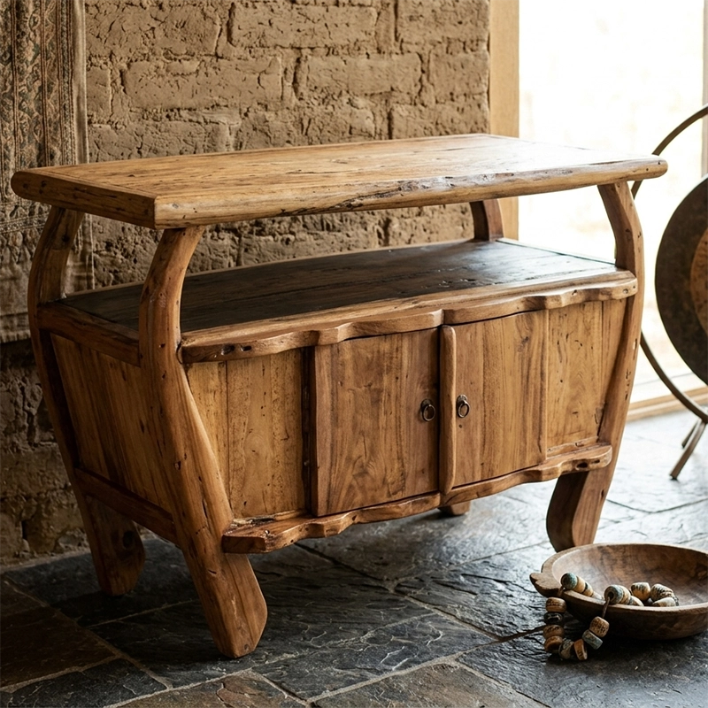Meuble de salon meuble TV courbé avec deux portes en bois de teck antique (naturel)