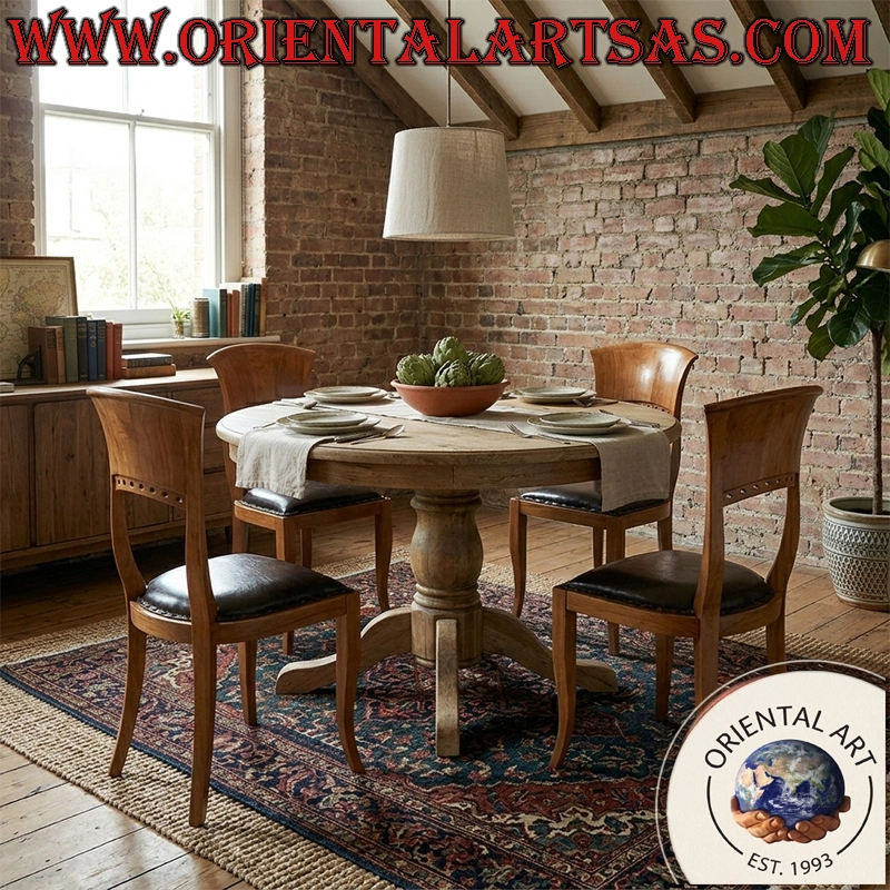 Chaise de style Italie baroque en bois de teck et assise en cuir