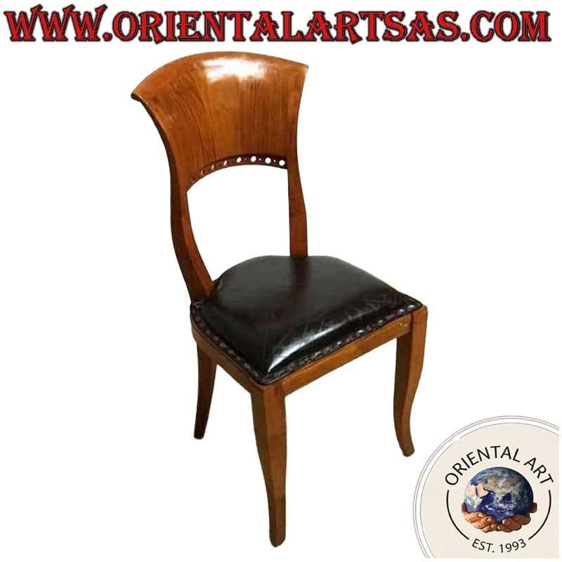 Baroque Italy style chair in teak wood and leather seat