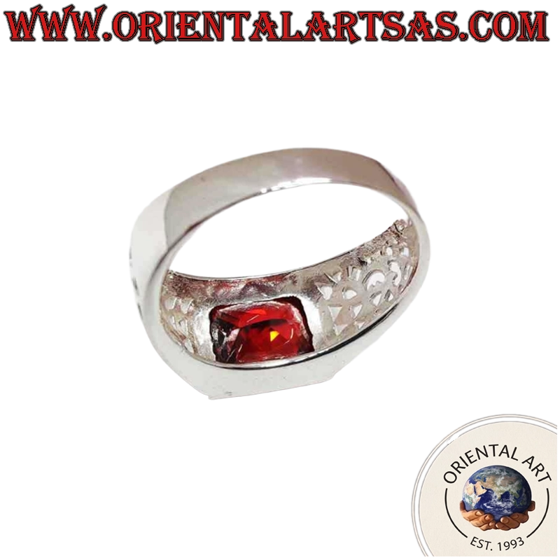 Anello Uomo Argento 925 con Granato Rettangolare Intagliato