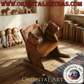 Rocking bench for children in Suar wood (solid) with cat painted on the sides