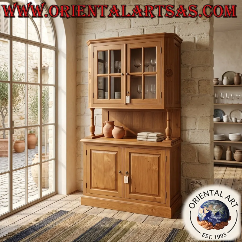 Aparador alto con 2 puertas de cristal y 2 puertas cerradas en madera maciza de teca