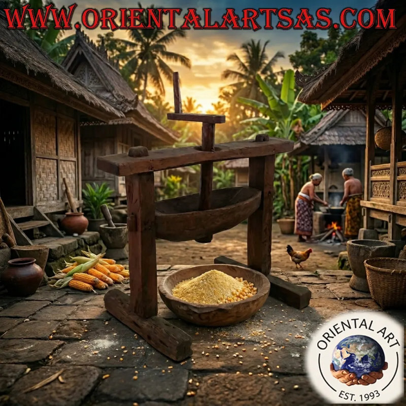 Piedra de molino de Indonesia antigua para maíz en madera maciza antigua