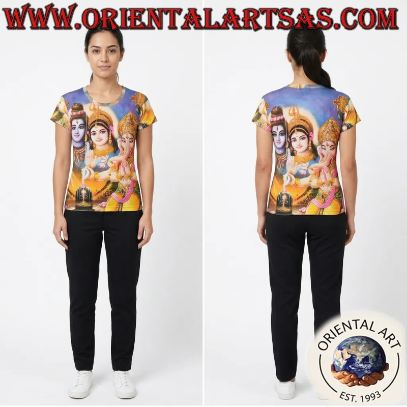 Camiseta de manga corta con representaciones de deidades hindúes en algodón