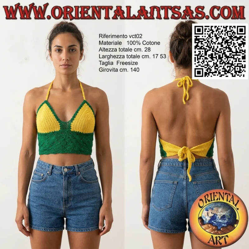 Top all'uncinetto verde e giallo con fascia in cotone fatto a mano (freesize)