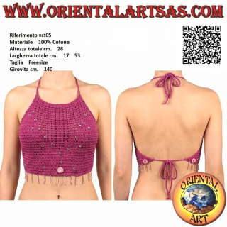 Magenta A-line crochet top with beads and mirrors, in handmade cotton (free size)
