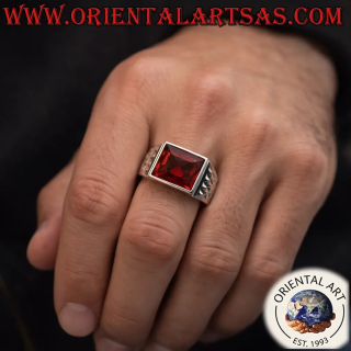 Herrenring 925 Silber mit rechteckigem Granat Geometrisch | Oriental Art