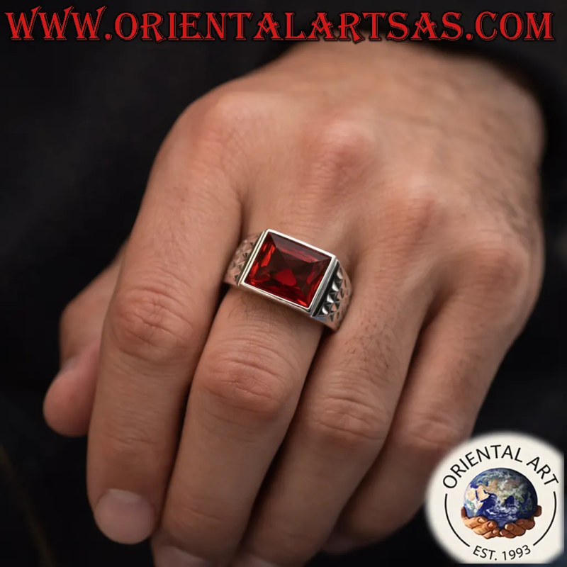 Bague Homme Argent 925 Grenat Rectangulaire Ajourée | Oriental Art