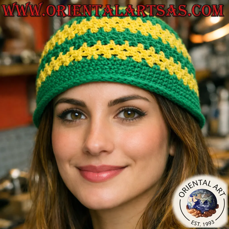 Cappello Kufi Etnico Verde Giallo Uncinetto Cotone 50cm
