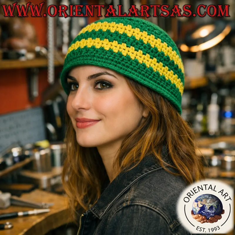 Cappello Kufi Etnico Verde Giallo Uncinetto Cotone 50cm