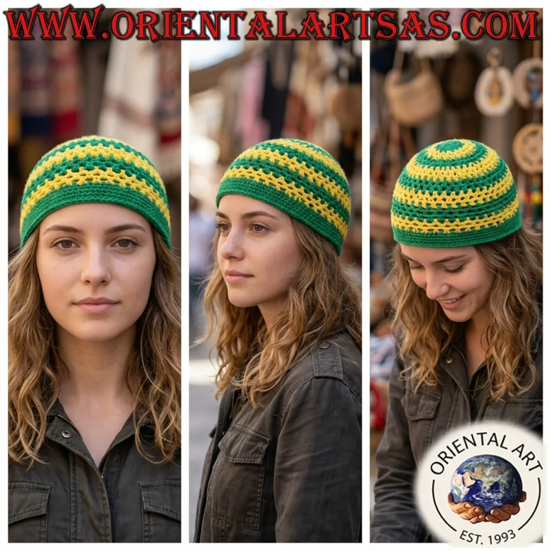 Bonnet Kufi Ethnique Fait Main Crochet Coton Vert Jaune