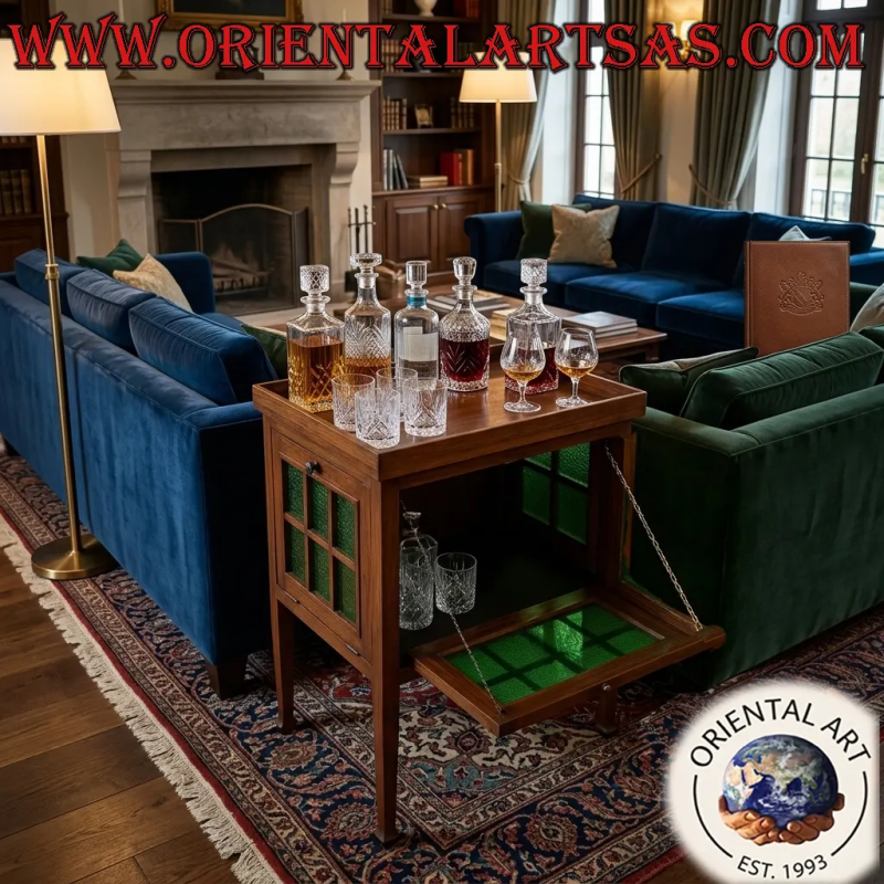 Table de bar avec meuble en verre (verre vert) en bois de teck ancien