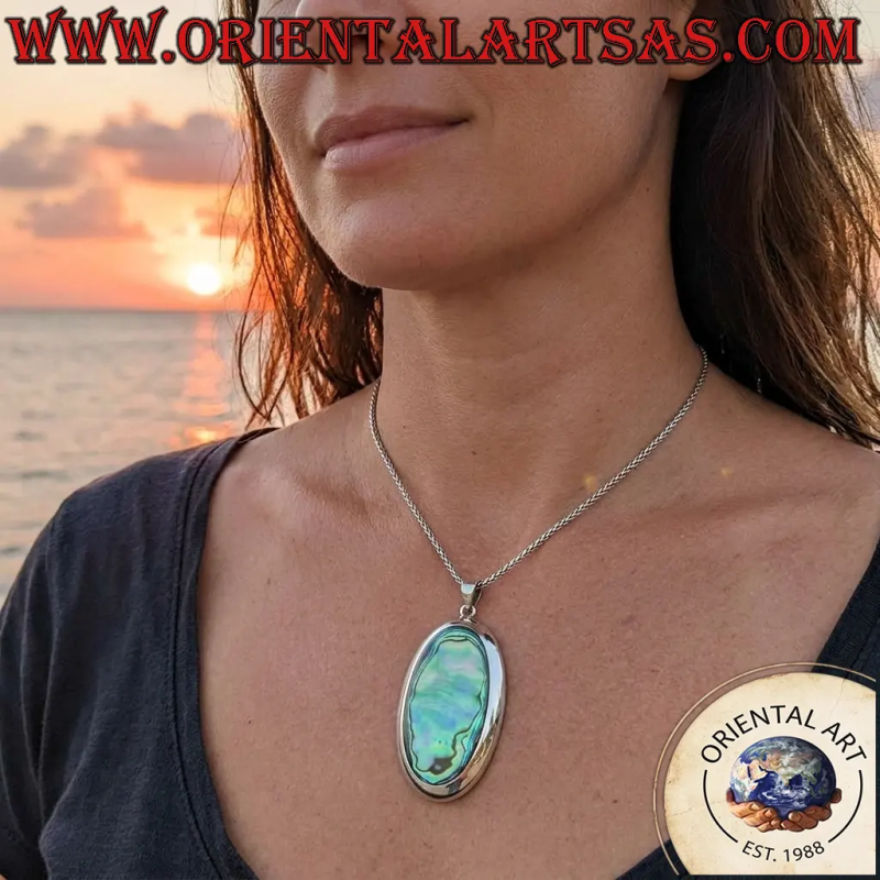 Grand Pendentif Ovale Argent 925 et Paua Shell Abalone