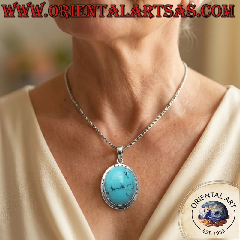 Ciondolo Turchese Tibetano Antico Argento 925 Nepal - Pezzo Unico