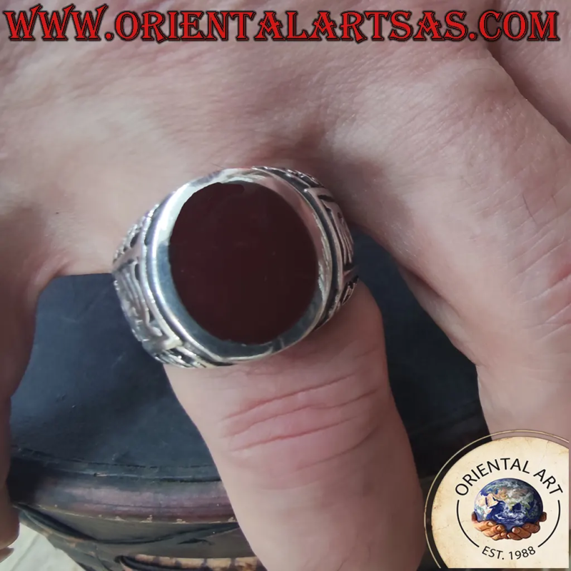 Herren 925 Silberring Ovaler Karneol Gotische Hochrelief Verzierungen