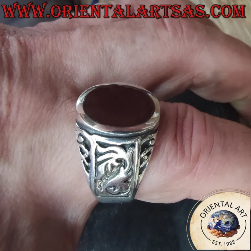 Bague Homme Argent 925 Cornaline Ovale Décorations Gothiques Haut Relief