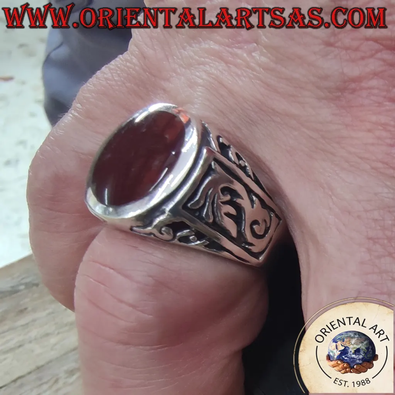 Men's 925 Silver Ring Oval Carnelian Gothic High Relief Decorations