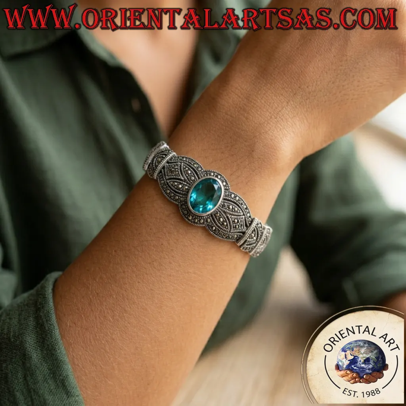 Brazalete semirrígido de plata 925 con topacio azul ovalado grande y marcasitas – 20,5 cm – Peso 33,6 gramos