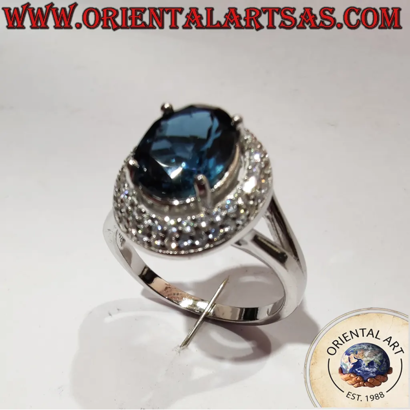 Anillo Halo Plata 925 Rodiada con Tanzanita Oval Natural