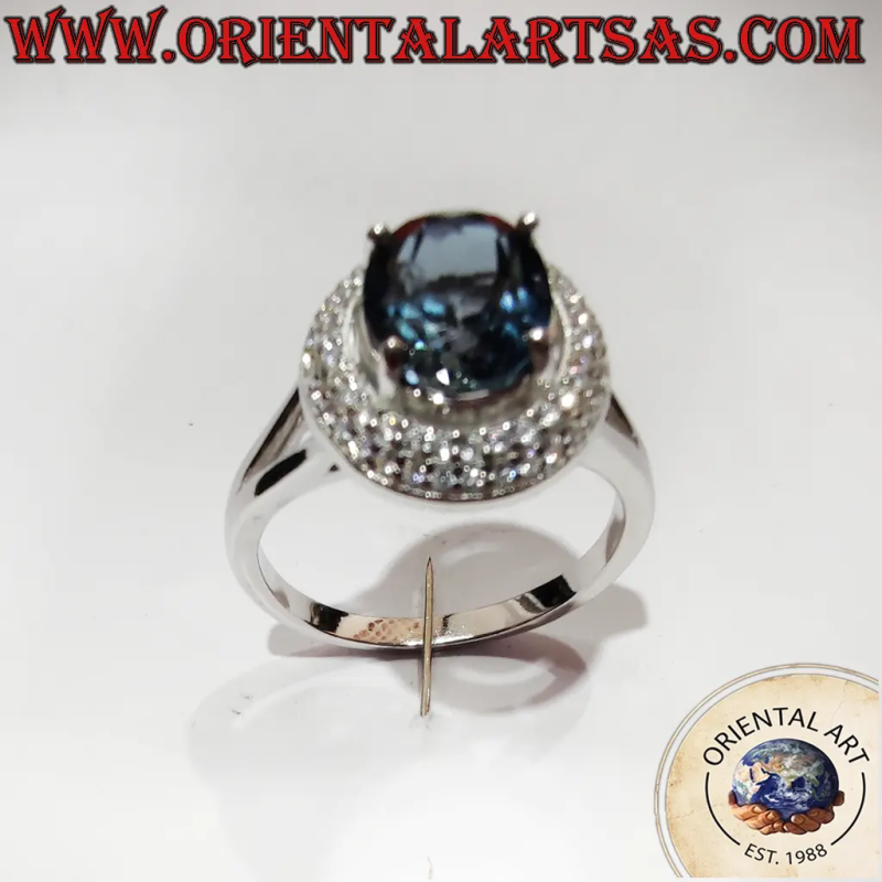 Bague Halo Argent 925 Rhodié Tanzanite Ovale et Zircorny