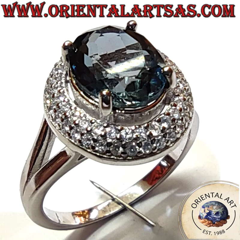 Bague halo argent 925 avec tanzanite ovale sur 4 griffes et double rang zircons – 16x14 mm – Poids 4,2 grammes