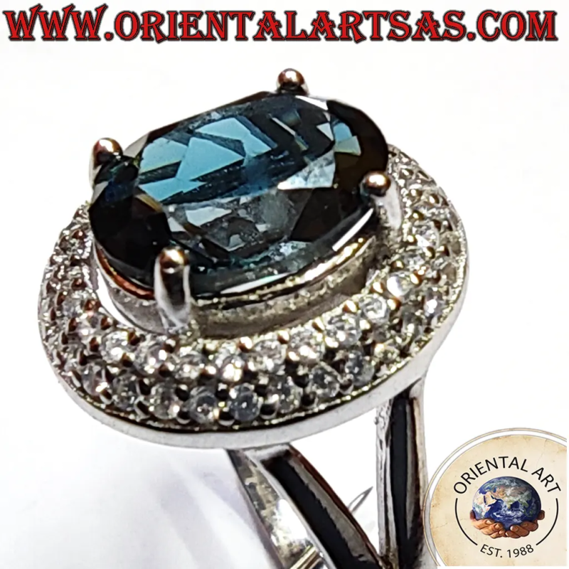Rhodinitierter 925 Silber Halo Ring mit Ovalem Tansanit