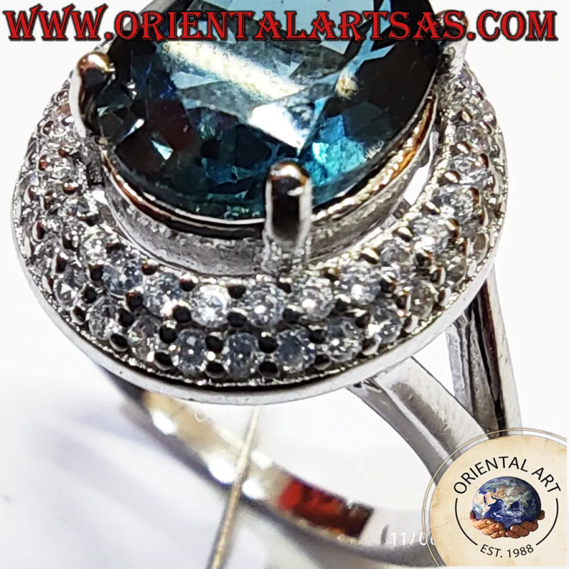 Rhodium 925 Sterling Silver Natural Tanzanite Oval Halo Ring