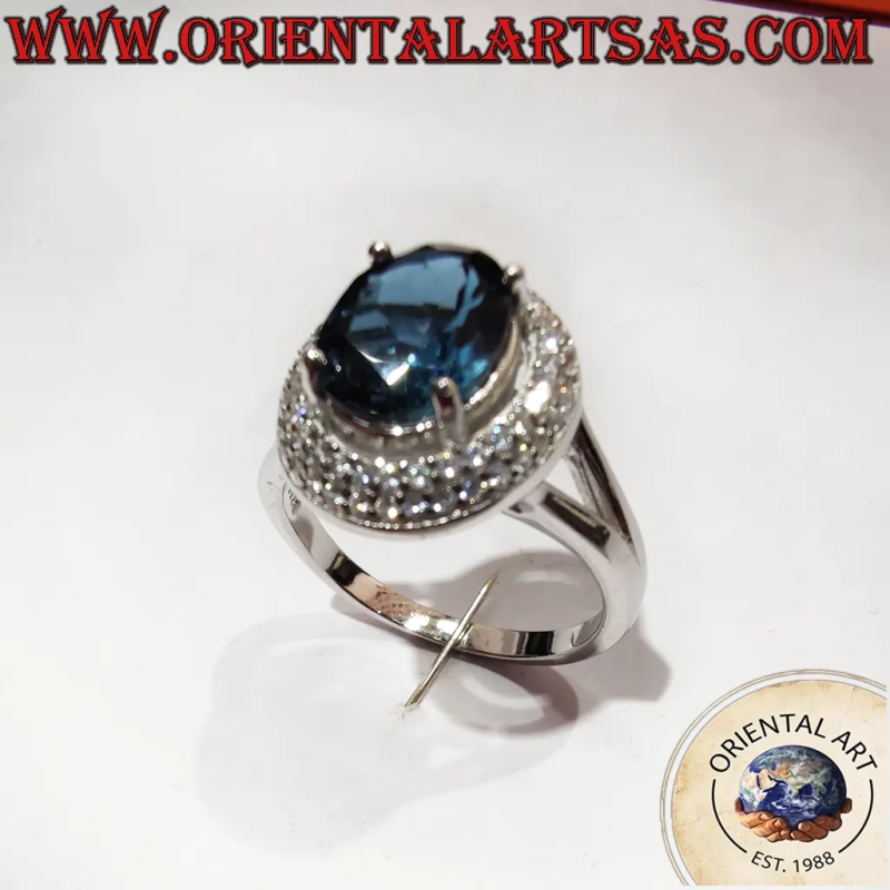 Anello Halo Argento 925 Rodiato Tanzanite Ovale e Zirconi 4,2g