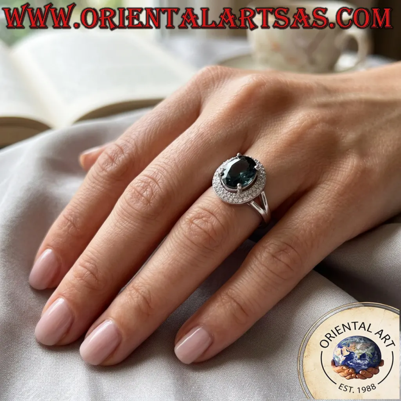 Anillo Halo Plata 925 Rodiada con Tanzanita Oval Natural
