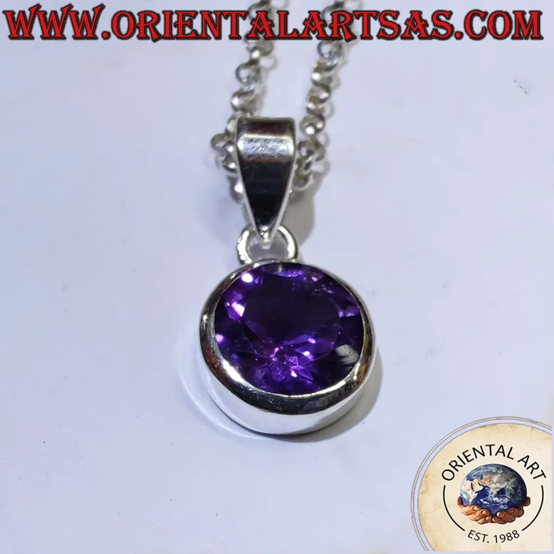 925 Sterling Silver Round Uruguay Amethyst Solitaire Pendant