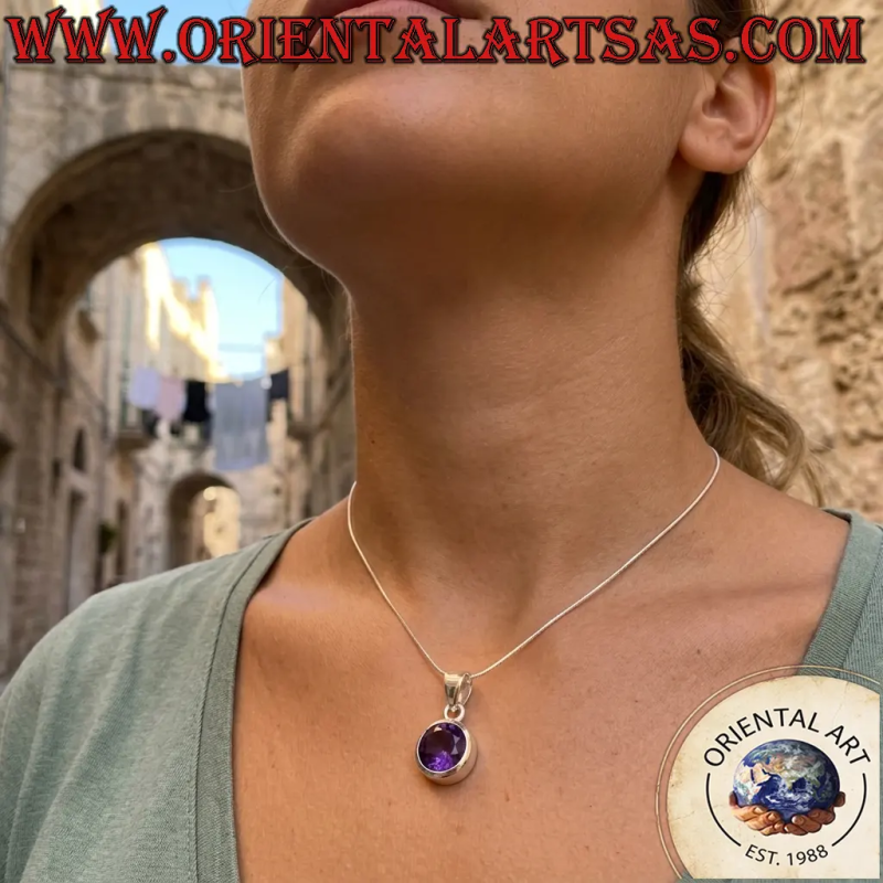 925 Sterling Silver Round Uruguay Amethyst Solitaire Pendant