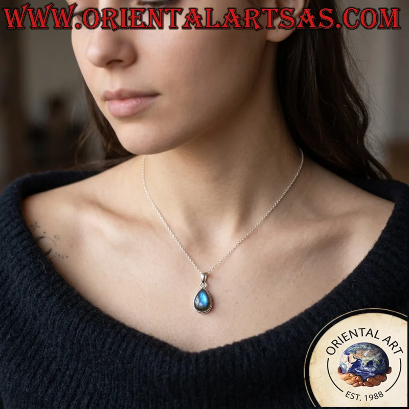 Pendentif goutte en argent 925 avec labradorite à reflets bleus et bord haut – 18 mm – Poids 1,6 gramme