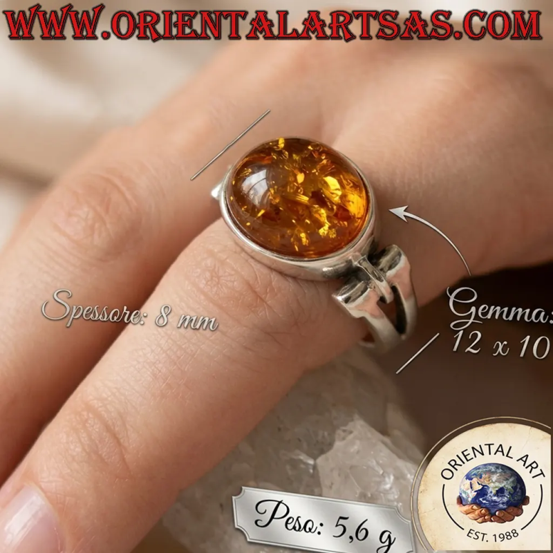 Bague en argent 925 avec ambre ovale horizontale et ajourage triangulaire – 5,6g – Écrin cadeau inclus