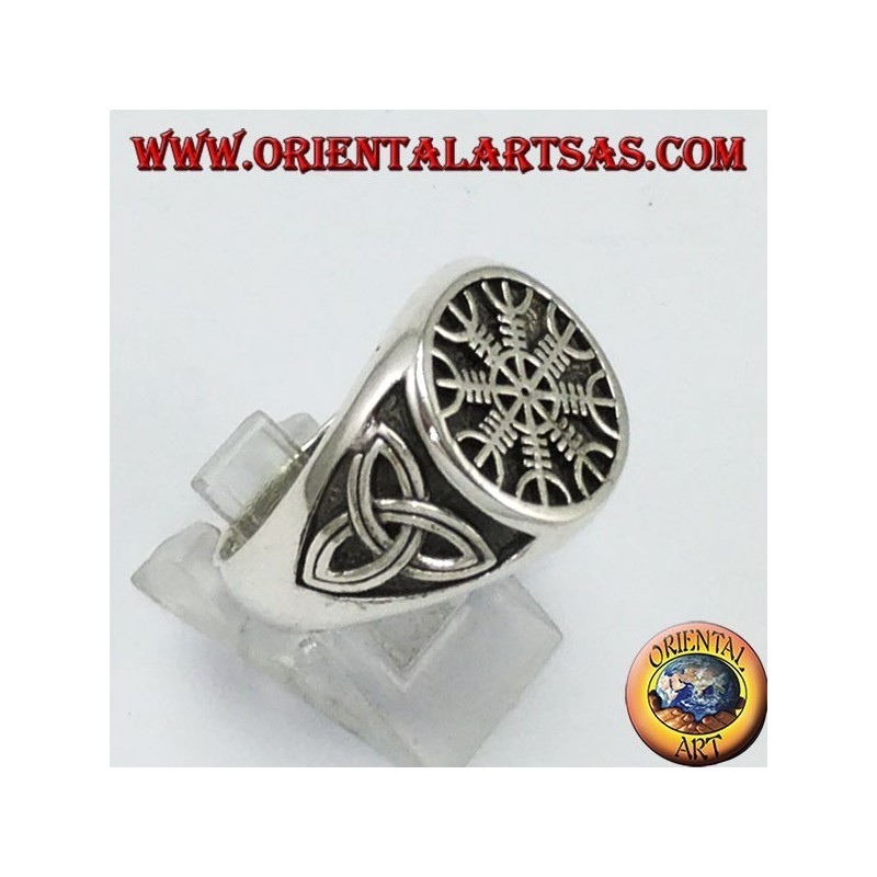 Bague en argent, vegevir (boussole celtique) avec tyrone nœud