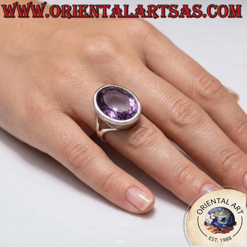 925 Silber Statement-Ring mit großem, facettiertem lila Amethyst in hoher Schutzzarge – Gewicht 5,6g