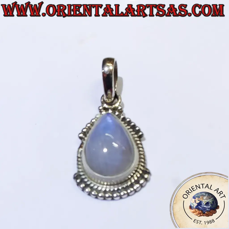 Pendentif goutte en argent 925 avec pierre de lune arc-en-ciel et bords travaillés – 2,7 g