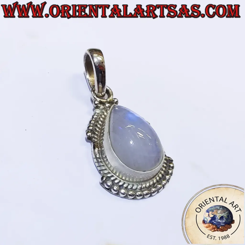 925 Silver Drop Pendant with Rainbow Moonstone and Crafted Edge – 2.7g
