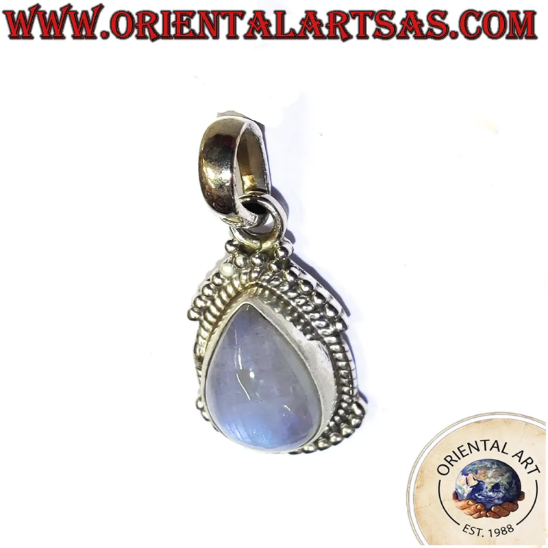 Ciondolo a Goccia in Argento 925 con Pietra di Luna Arcobaleno e Bordo Lavorato – 2,7 gr
