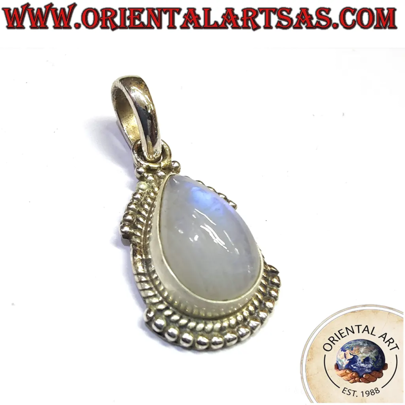 925 Silver Drop Pendant with Rainbow Moonstone and Crafted Edge – 2.7g