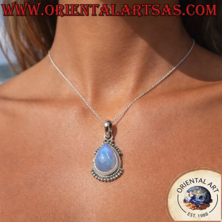 925 sterling silver teardrop pendant with iridescent blue rainbow moonstone and granulated beaded border – 2.7g